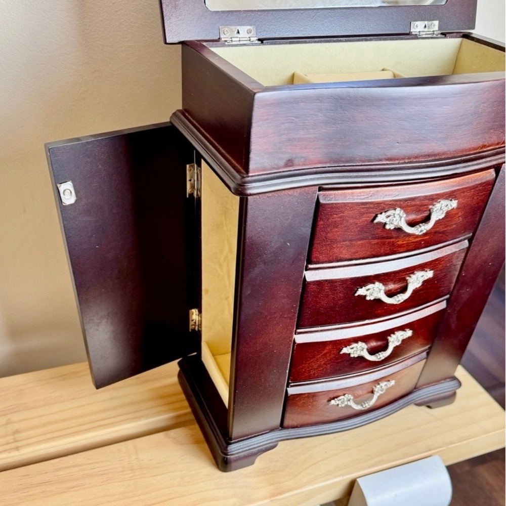 Vintage Mahogany Wood Jewelry Armoire Box Tabletop Dresser Chest Side Doors - Picture 8 of 8
